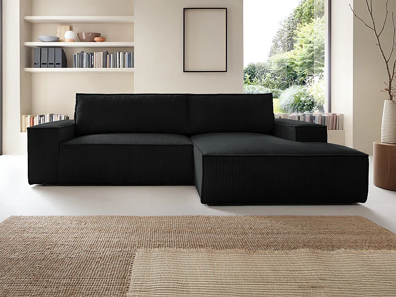 Canapé d'angle droit convertible en velours côtelé noir AMELIA