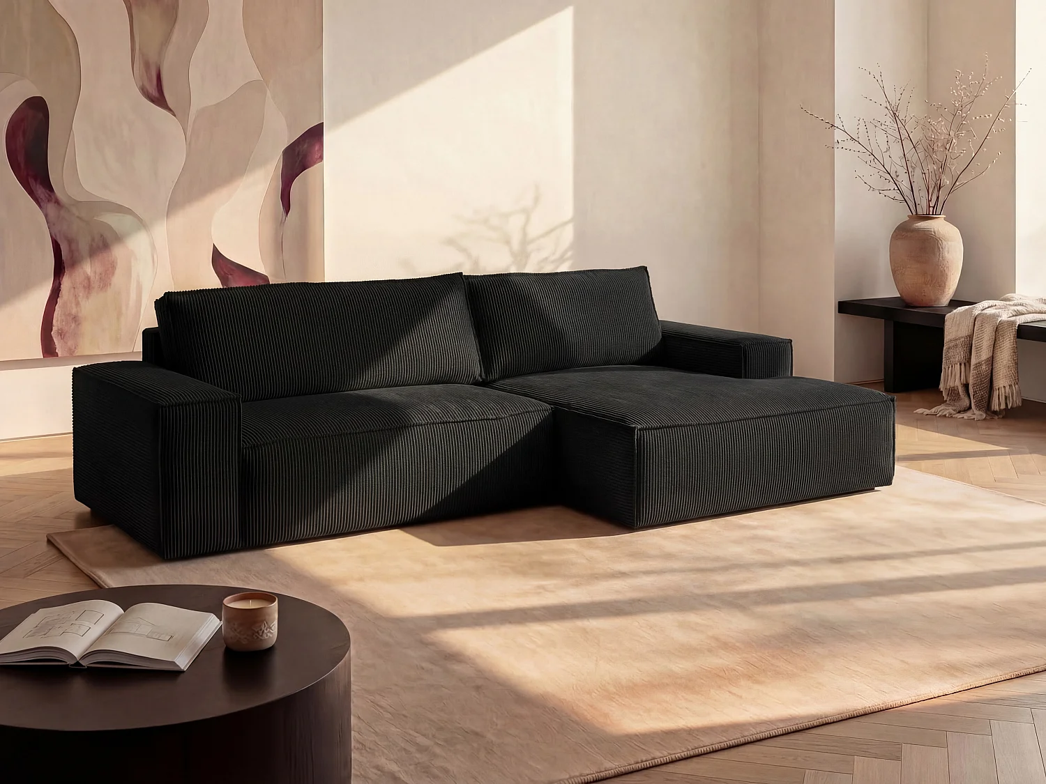 Canapé d'angle droit convertible en velours côtelé noir AMELIA