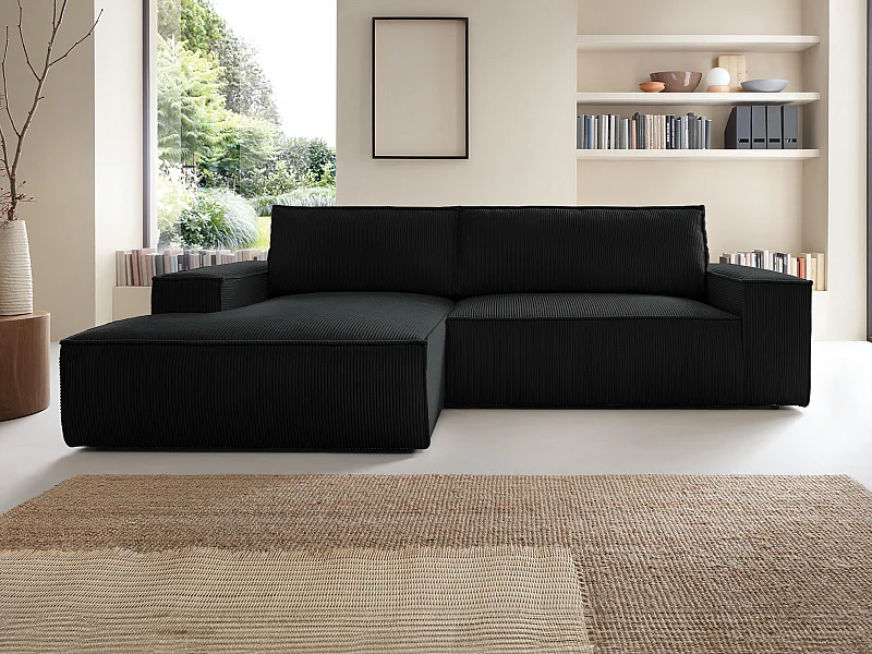 Canapé d'angle gauche convertible en velours côtelé noir AMELIA