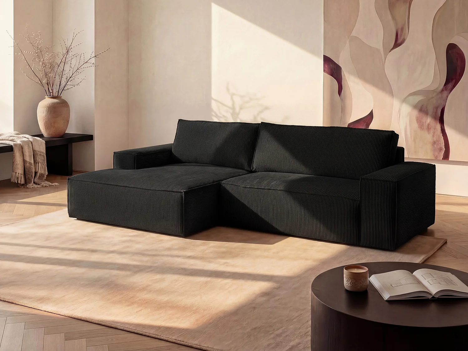 Canapé d'angle gauche convertible en velours côtelé noir AMELIA