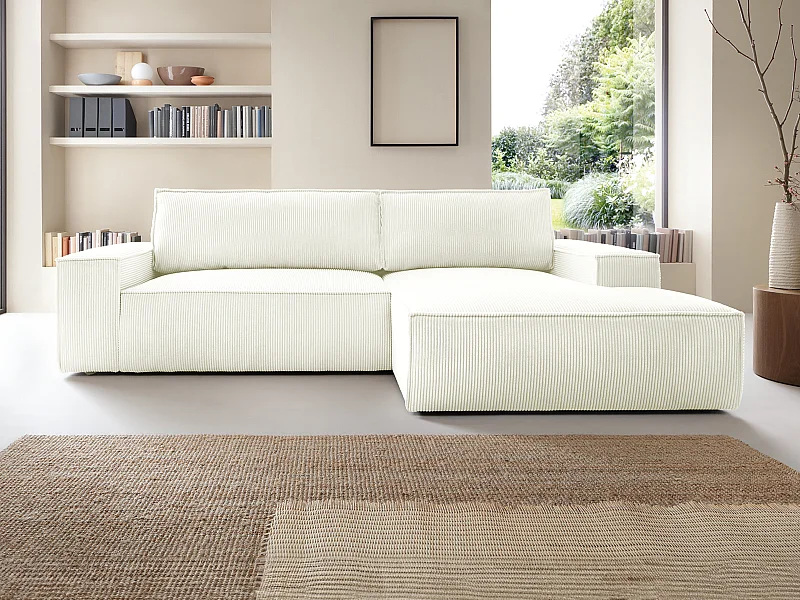 Canapé d'angle droit convertible en velours côtelé blanc AMELIA