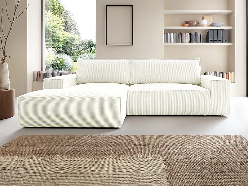 Canapé d'angle gauche convertible en velours côtelé blanc AMELIA