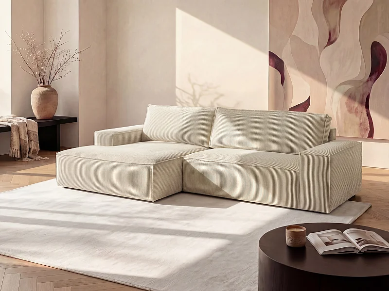 Ecksofa mit Schlaffunktion - Ecke links - Cord - Weiß - AMELIA