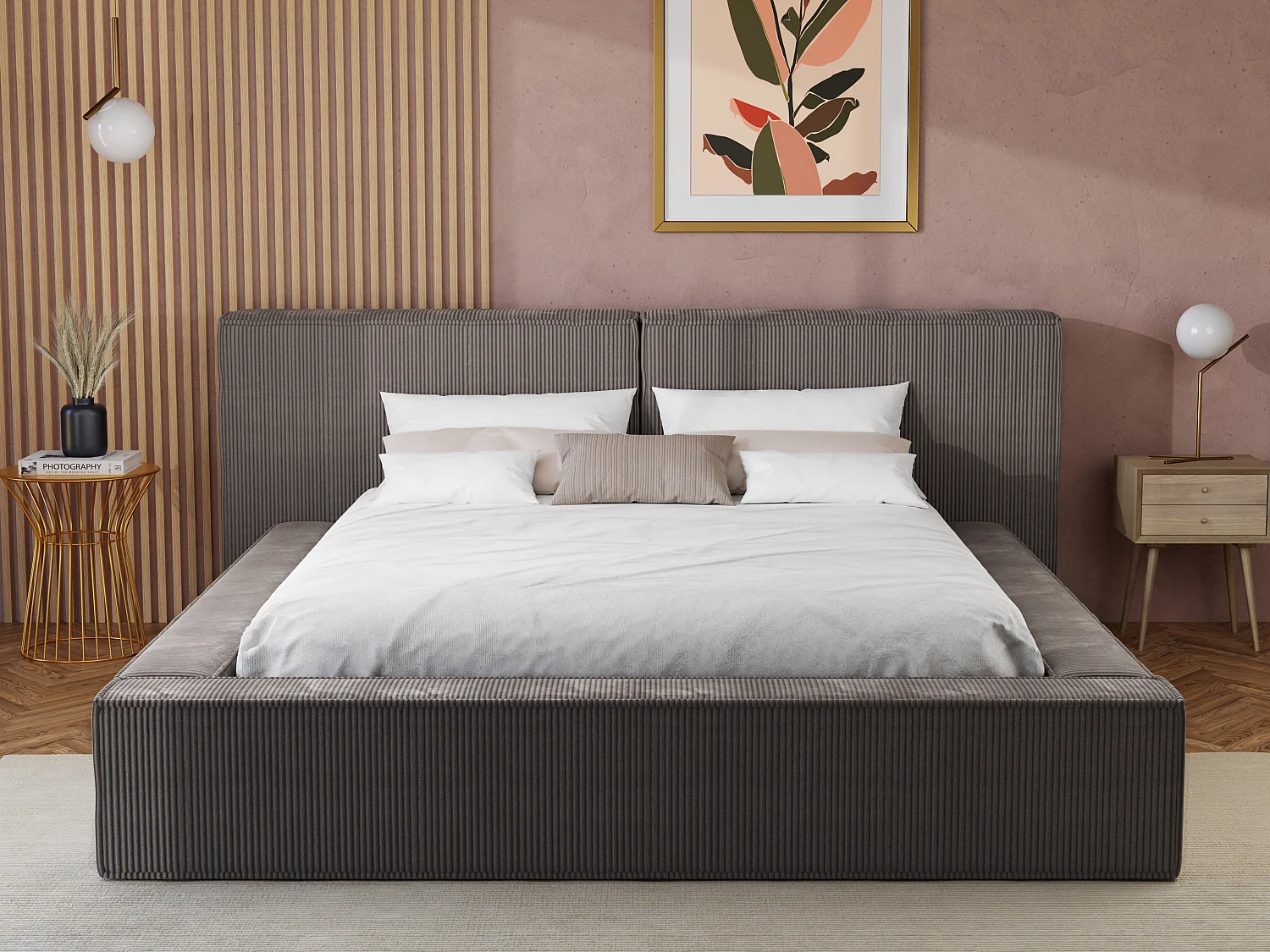 Cama com espaço de arrumação 140x190 cm veludo canelado taupe + colchão - TIMANO de Pascal Morabito