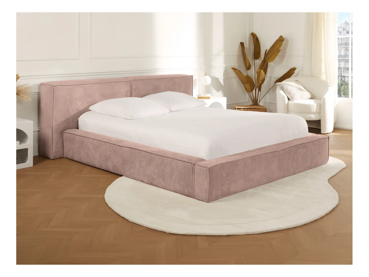 Lit coffre 180 x 200 cm - Velours côtelé - Rose + Matelas - TIMANO de Pascal Morabito