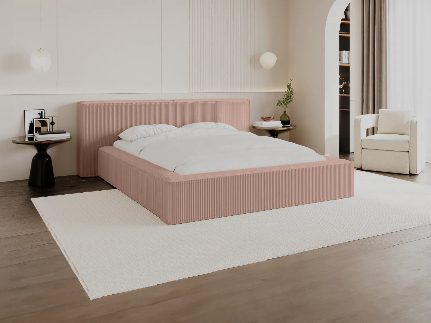Bed met opbergruimte 180 x 200 cm - Ribfluweel - Roze + matras - TIMANO van Pascal Morabito