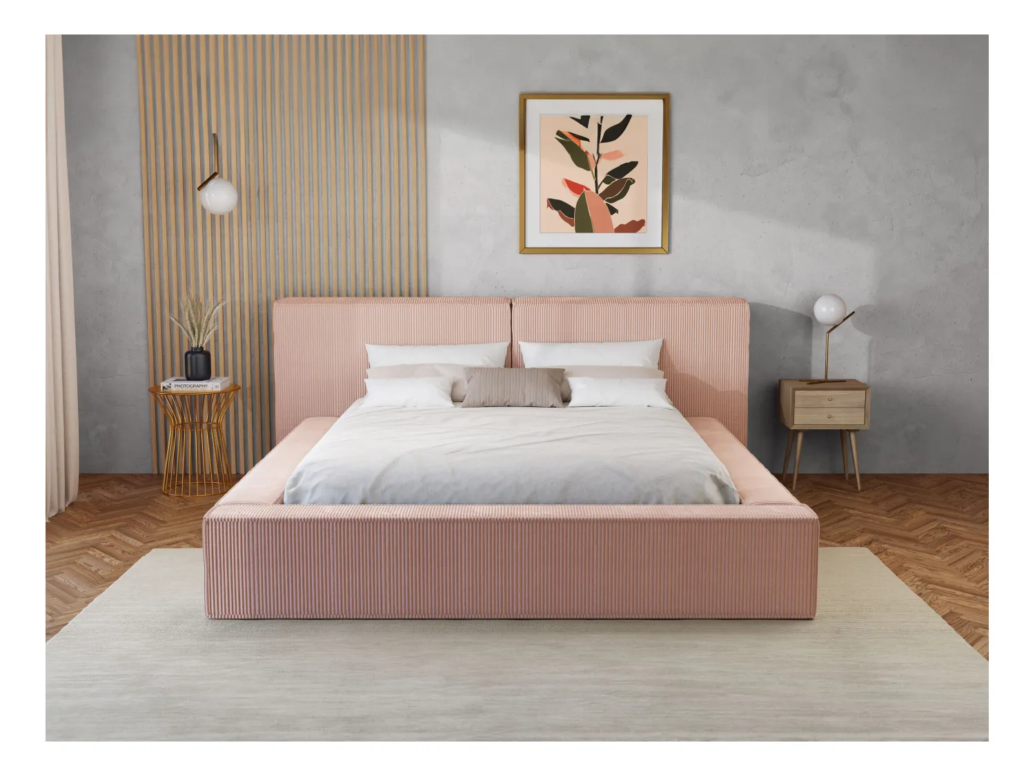 Bed met opbergruimte 180 x 200 cm - Ribfluweel - Roze + matras - TIMANO van Pascal Morabito