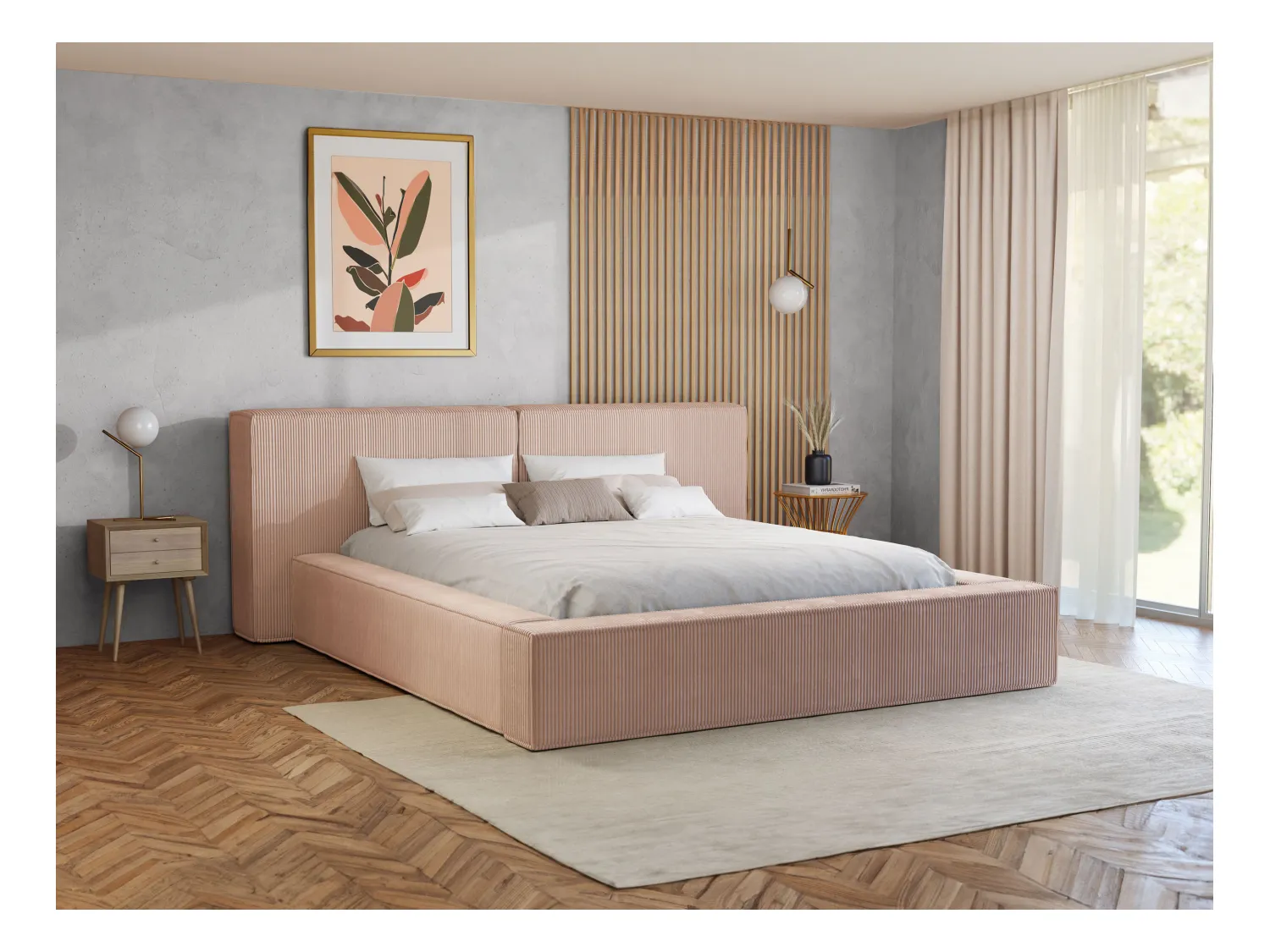 Bed met opbergruimte 180 x 200 cm - Ribfluweel - Roze + matras - TIMANO van Pascal Morabito