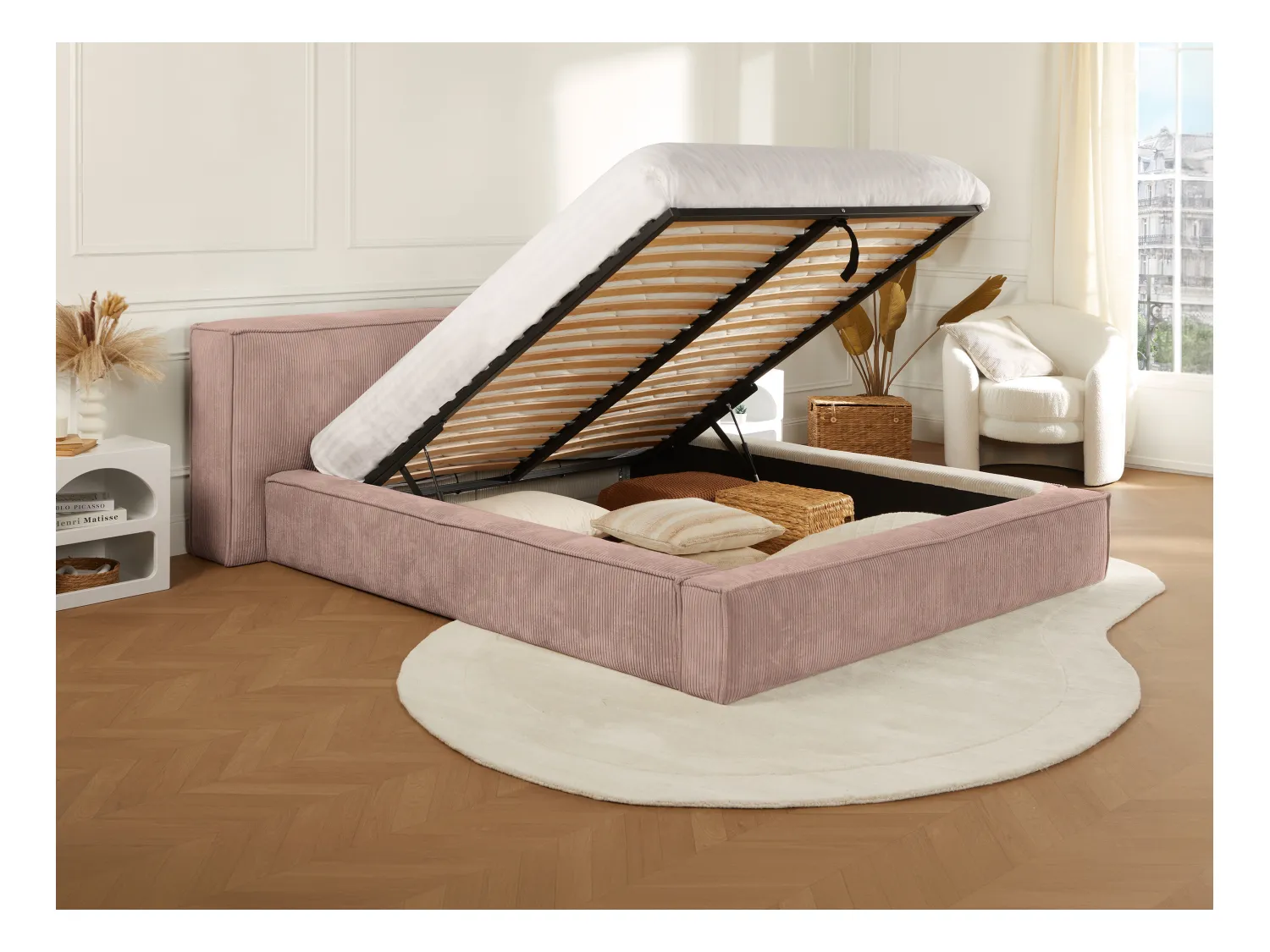 Bed met opbergruimte 180 x 200 cm - Ribfluweel - Roze + matras - TIMANO van Pascal Morabito