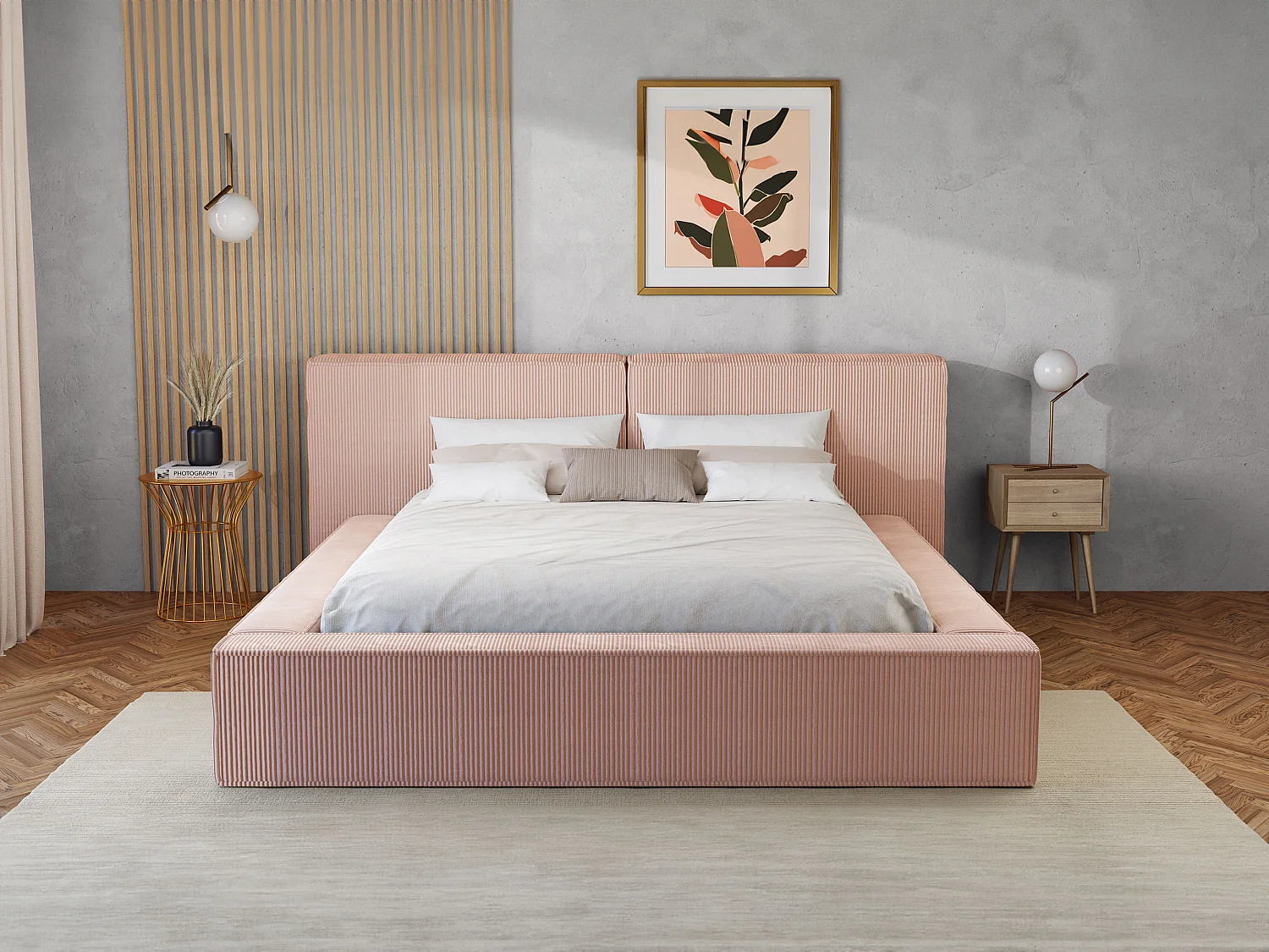 Bett mit Bettkasten + Matratze - 180 x 200 cm - Cord - Rosa - TIMANO von Pascal Morabito