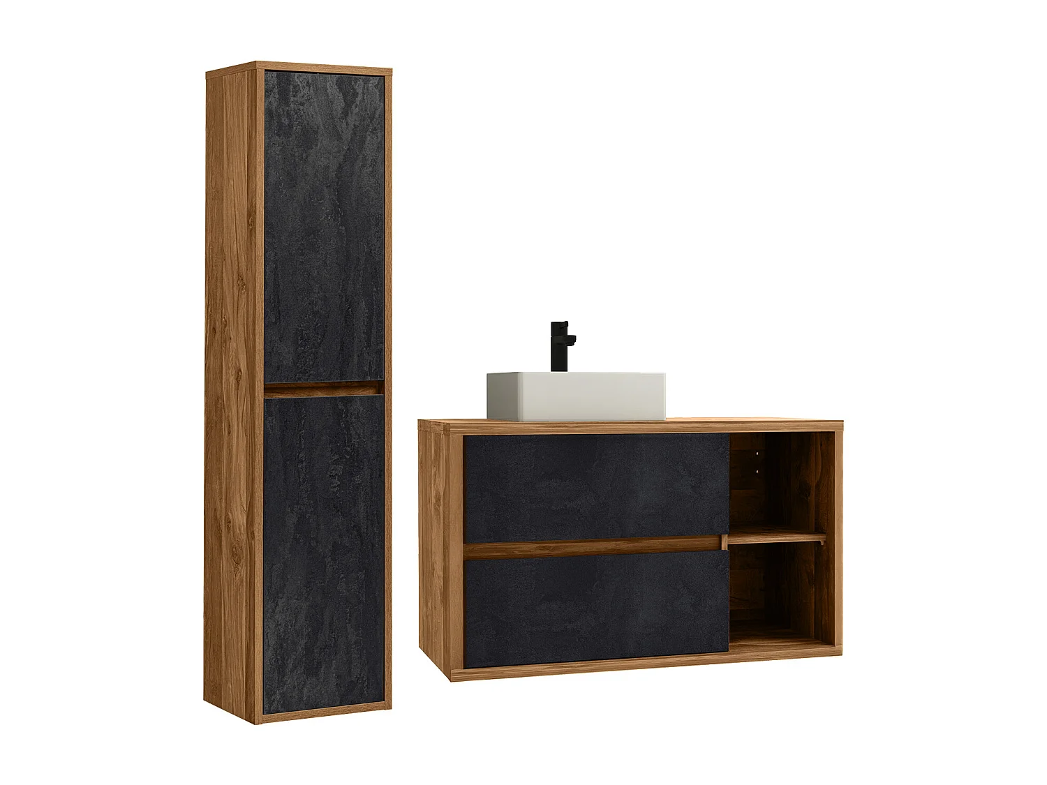 Hangend badkamermeubel met wastafel en kolom - Naturel en antraciet - 100 cm - TIKITKI