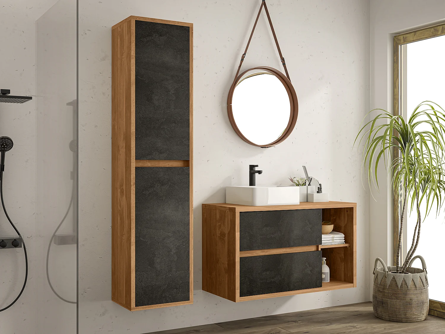 Meuble de salle de bain suspendu avec vasque et colonne - Coloris naturel et anthracite - 100 cm - TIKITIKI
