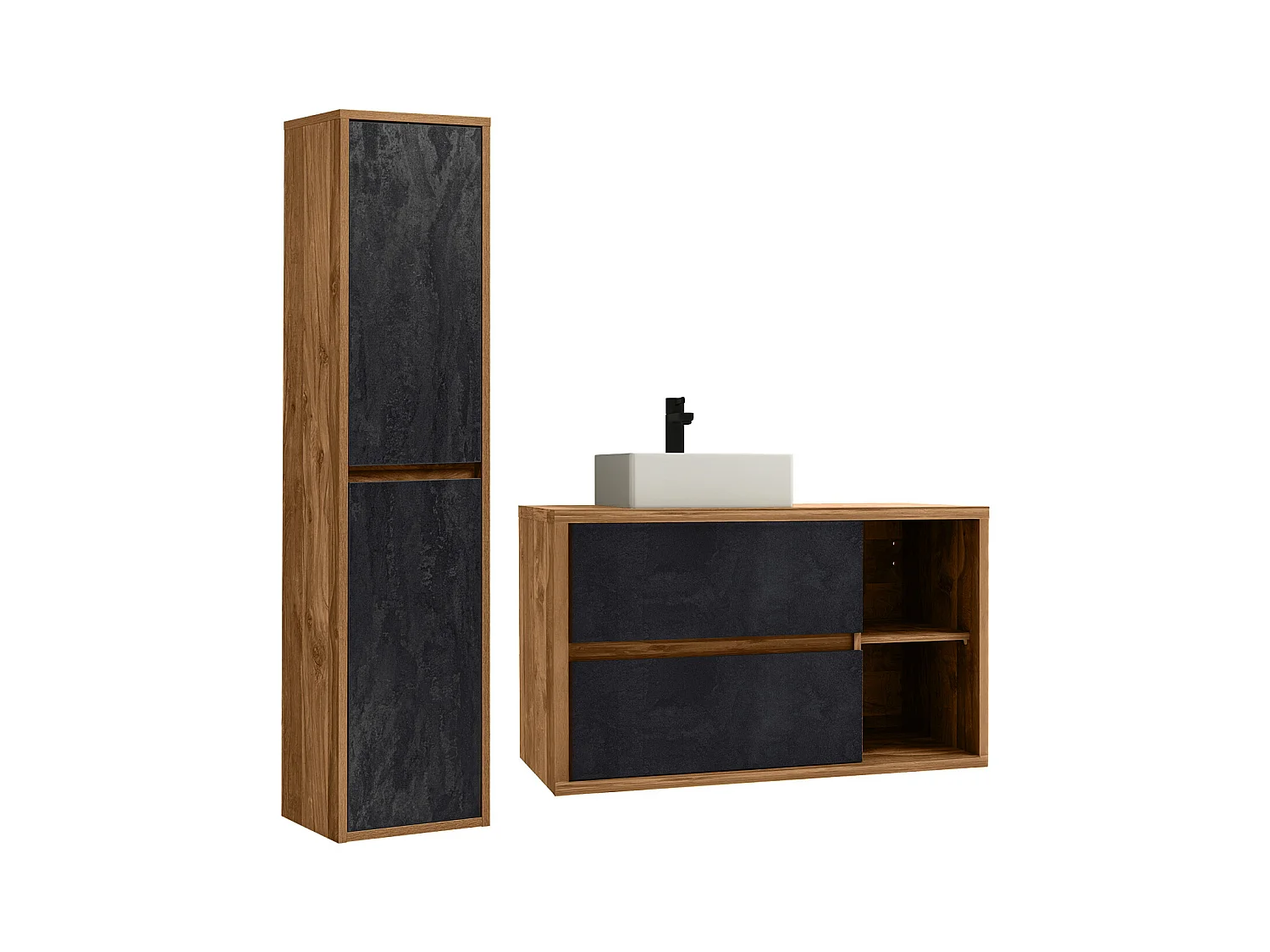 Meuble de salle de bain suspendu avec vasque et colonne - Coloris naturel et anthracite - 100 cm - TIKITIKI