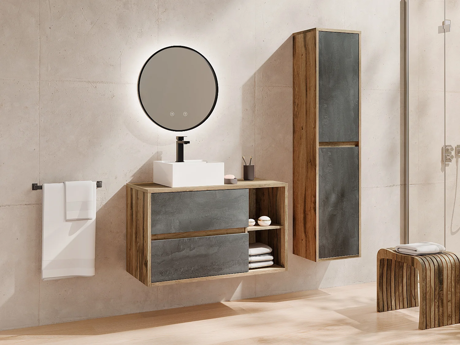 Móvel de casa de banho suspenso com lavatório e coluna cor natural e antracite 100 cm - TIKITIKI