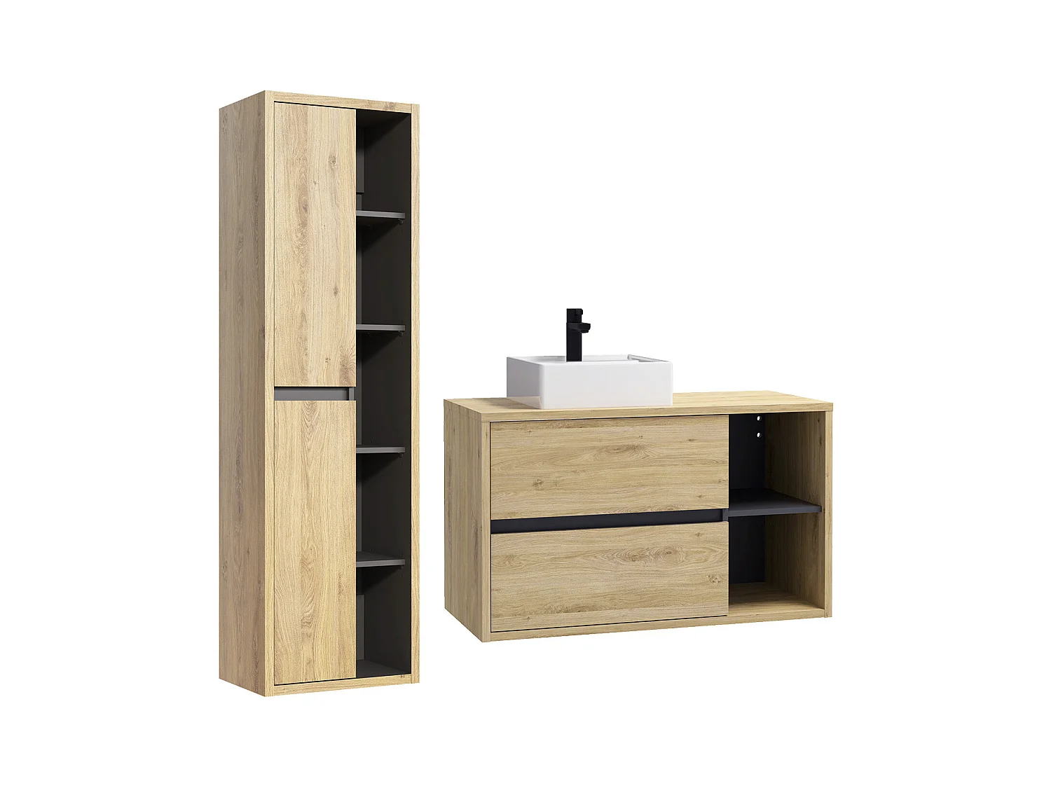 Veggmontlig baderomsmøbel med firkantet servant og kolonne - Naturlig farge - 100 cm - PURNAL