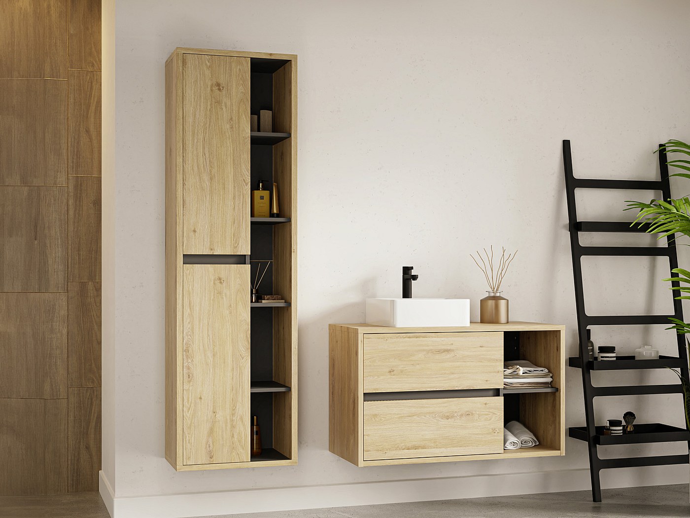 Meuble de salle de bain suspendu avec vasque et colonne, 100 cm