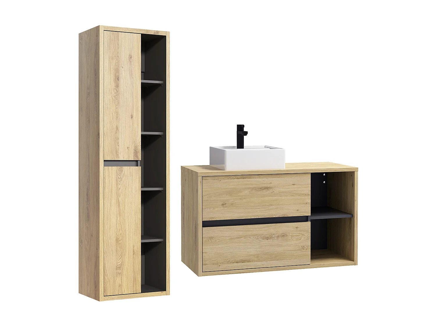 Mobile per bagno sospeso con lavabo quadrato e colonna 100 cm Naturale - PURNAL