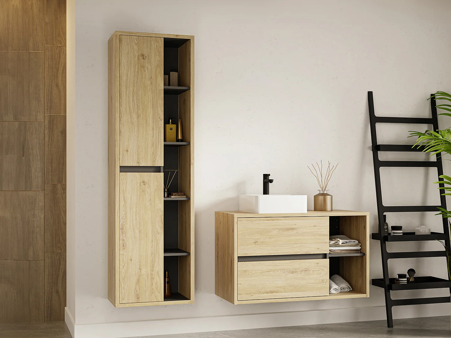 Mobile per bagno sospeso con lavabo quadrato e colonna 100 cm Naturale - PURNAL