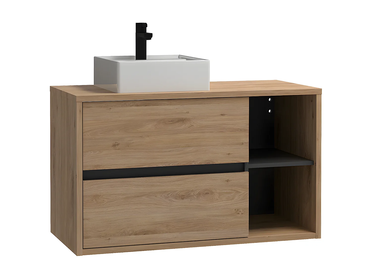 Mobile per bagno sospeso con lavabo quadrato e colonna 100 cm Naturale - PURNAL