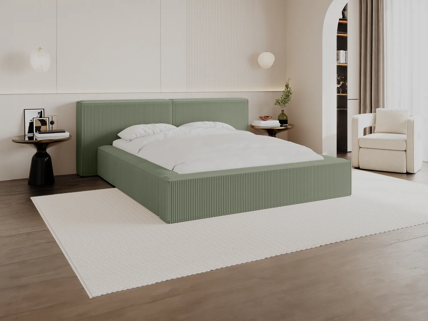 Bett mit Bettkasten + Matratze - 180 x 200 cm - Cord - Grün - TIMANO von Pascal Morabito
