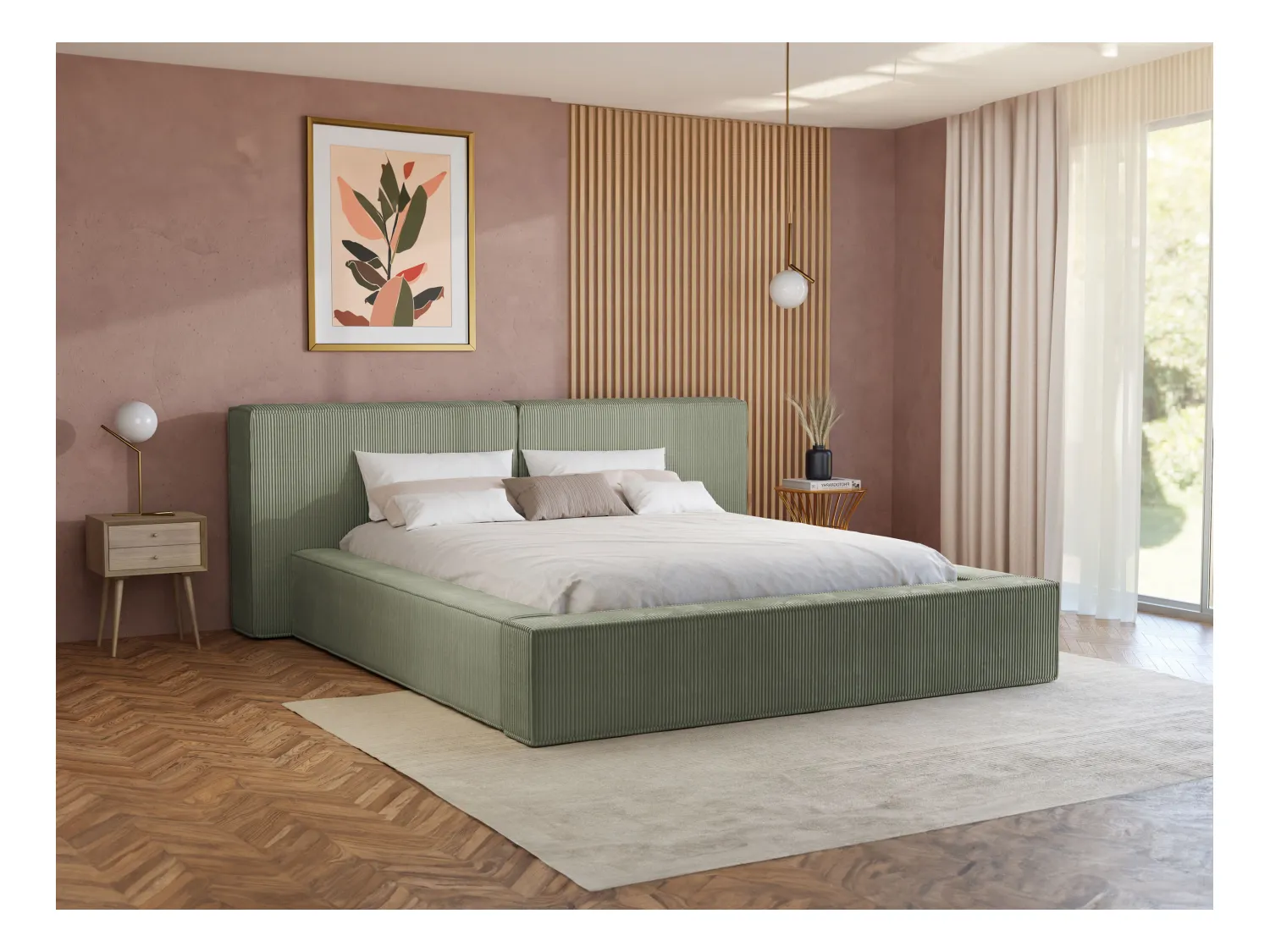 Bett mit Bettkasten + Matratze - 180 x 200 cm - Cord - Grün - TIMANO von Pascal Morabito