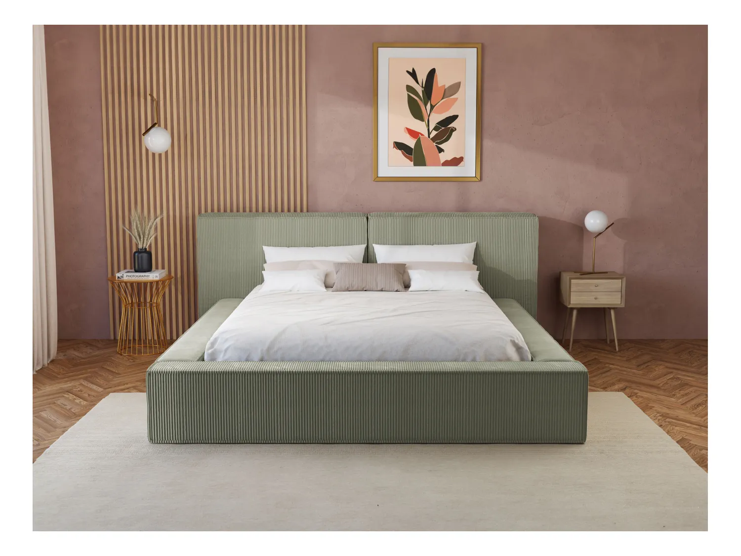Bett mit Bettkasten + Matratze - 180 x 200 cm - Cord - Grün - TIMANO von Pascal Morabito