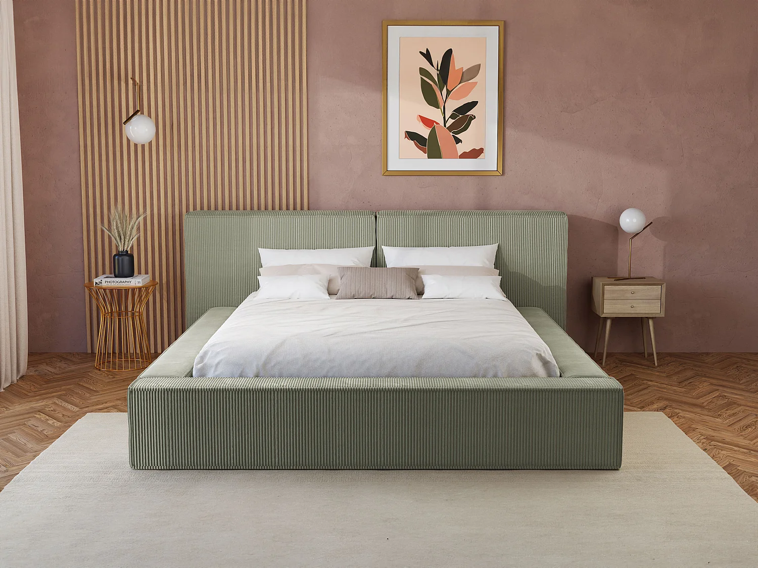 Lit coffre 180 x 200 cm - Velours côtelé - Vert + Matelas - TIMANO de Pascal Morabito