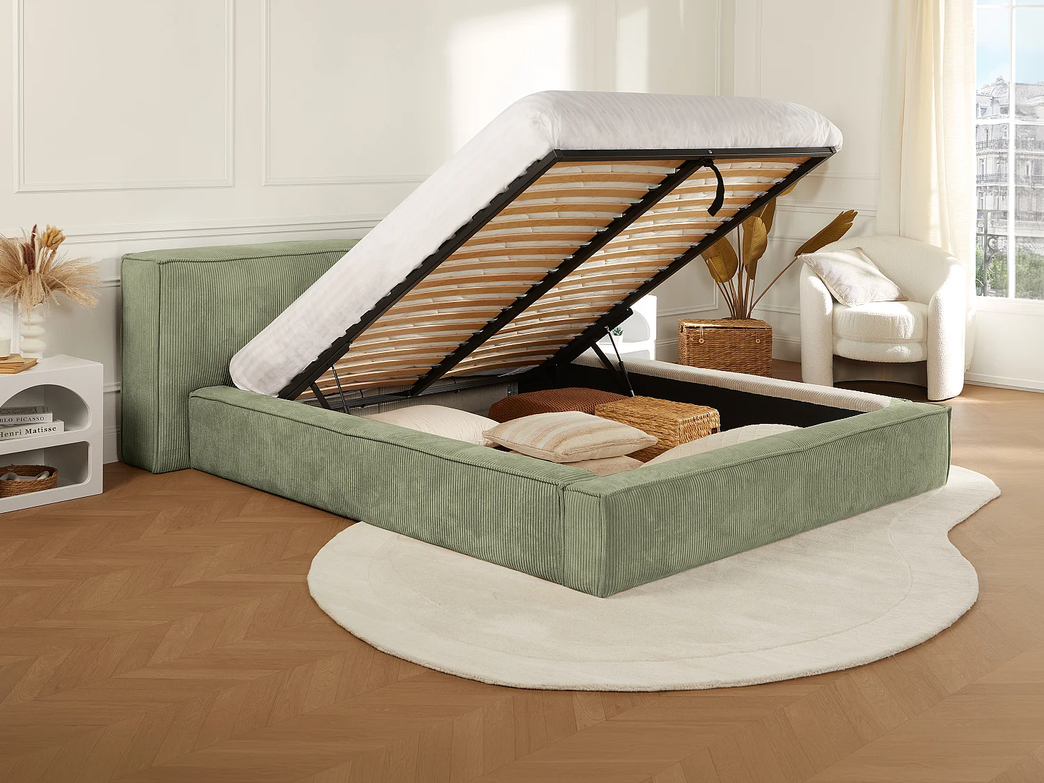 Lit coffre 180 x 200 cm - Velours côtelé - Vert + Matelas - TIMANO de Pascal Morabito