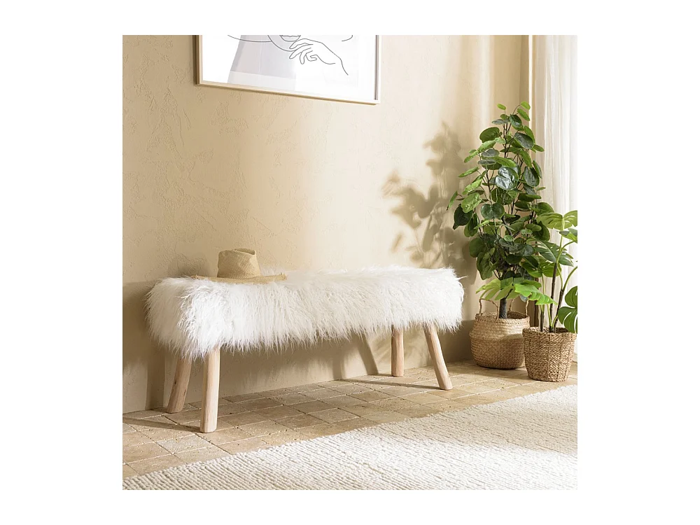 SACHA - Banc 120x40cm peau de mouton couleur ivoire pieds bois naturel