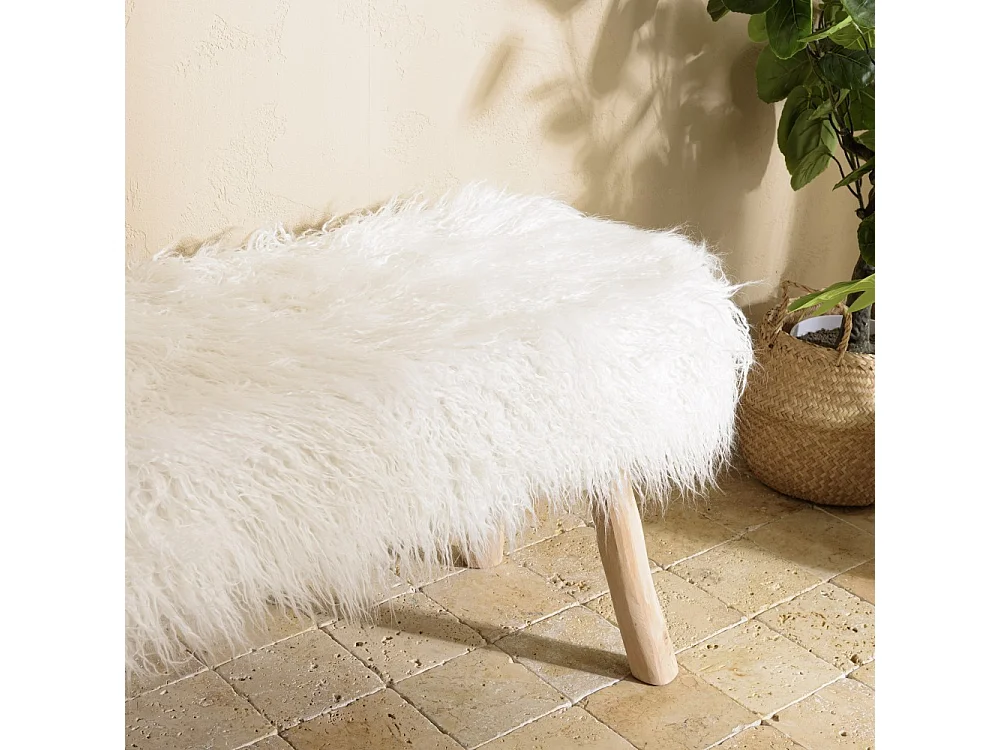 SACHA - Banc 120x40cm peau de mouton couleur blanc pieds bois naturel