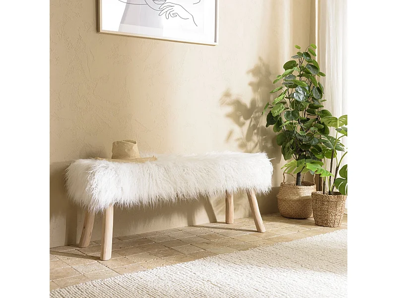SACHA - Banc 120x40cm peau de mouton couleur blanc pieds bois naturel