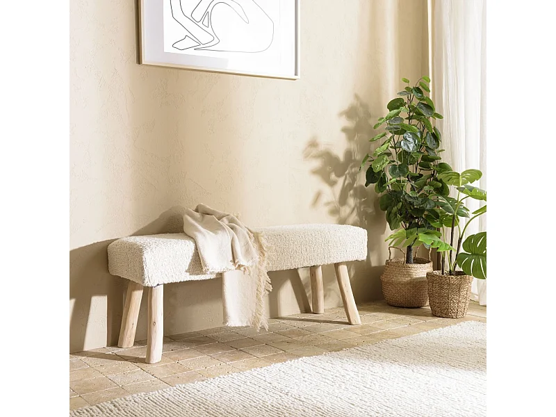 SACHA - Banc 120x40cm en laine texturée blanc pieds en bois naturel