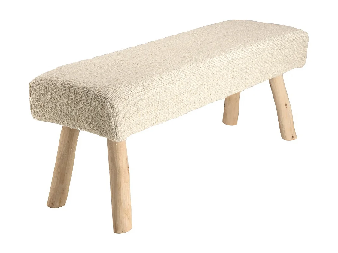 SACHA - Banc 120x40cm en laine texturée blanc pieds en bois naturel