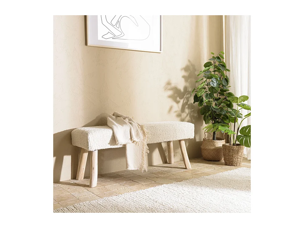 SACHA - Banc 120x40cm en laine texturée blanc pieds en bois naturel
