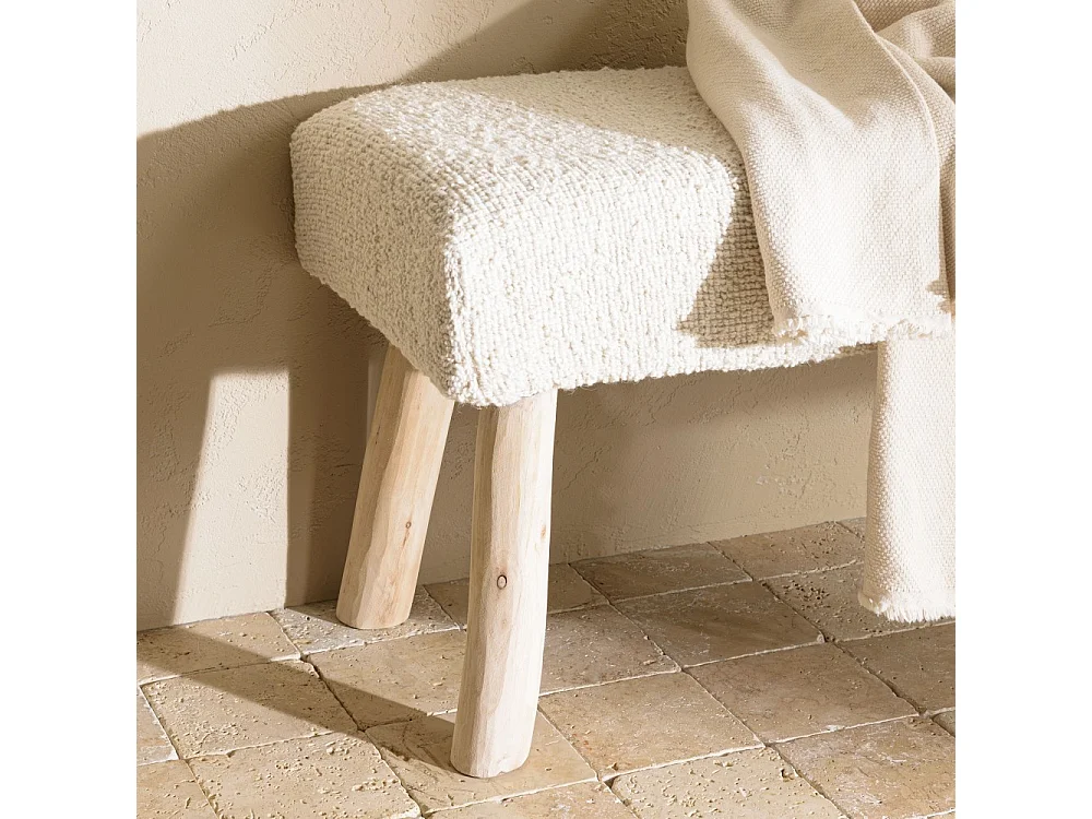 SACHA - Banc 120x40cm en laine texturée blanc pieds en bois naturel