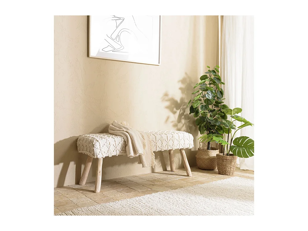 SACHA - Banc 120x40cm laine motifs losanges couleur blanc pieds bois