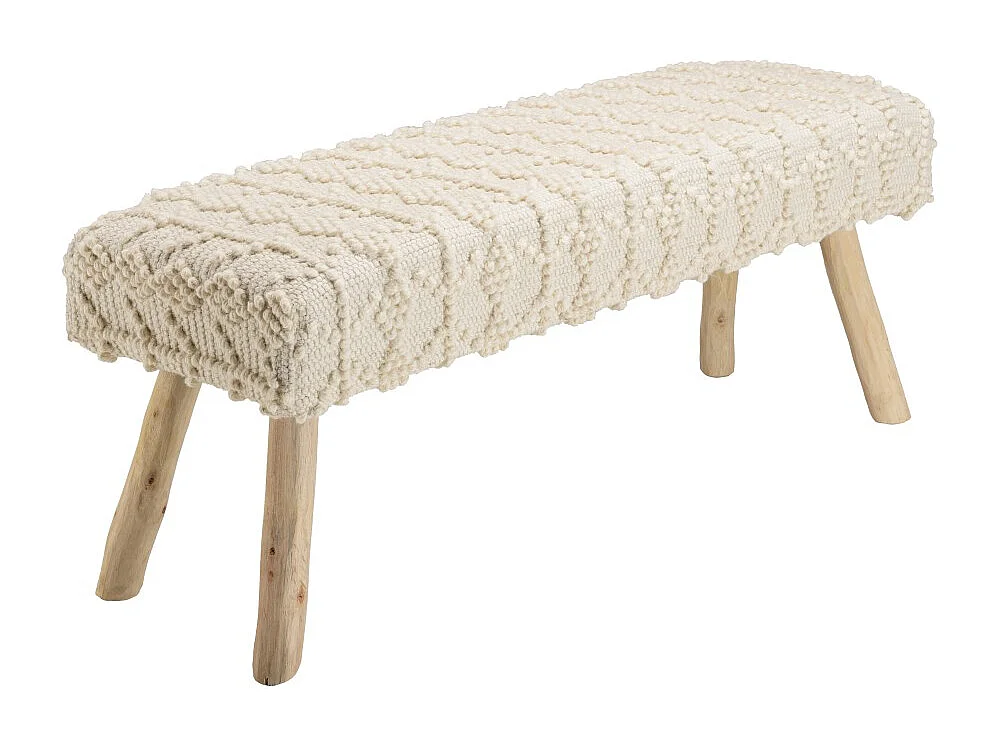 SACHA - Banc 120x40cm laine motifs losanges couleur blanc pieds bois