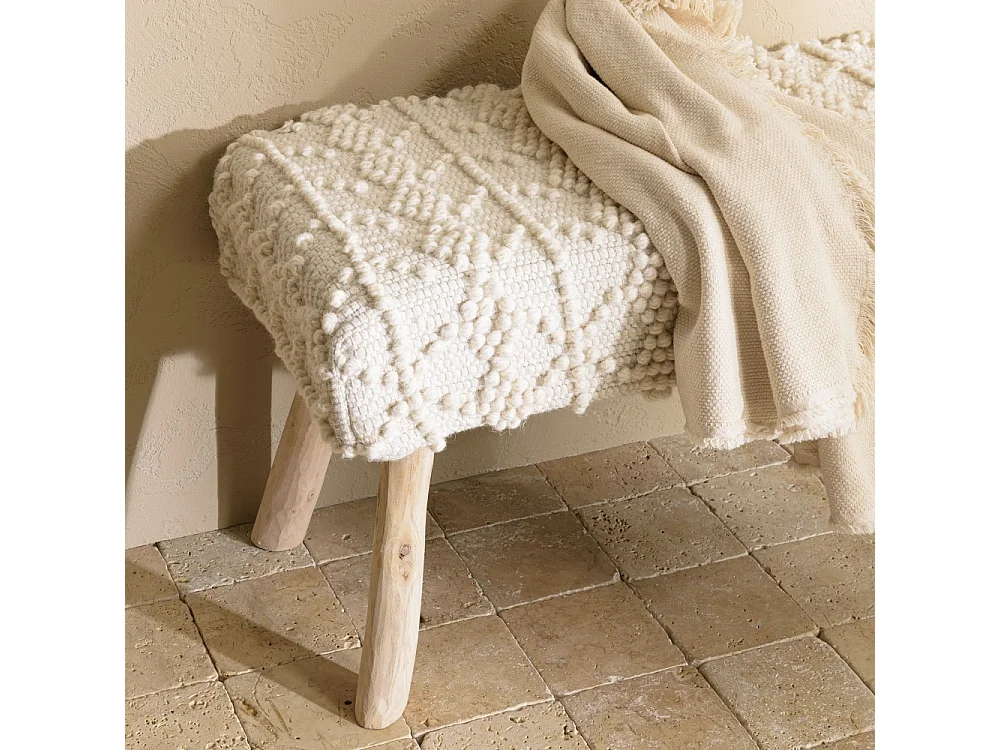 SACHA - Banc 120x40cm laine motifs losanges couleur blanc pieds bois