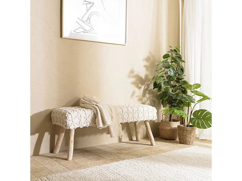 SACHA - Banc 120x40cm laine motifs losanges couleur blanc pieds bois