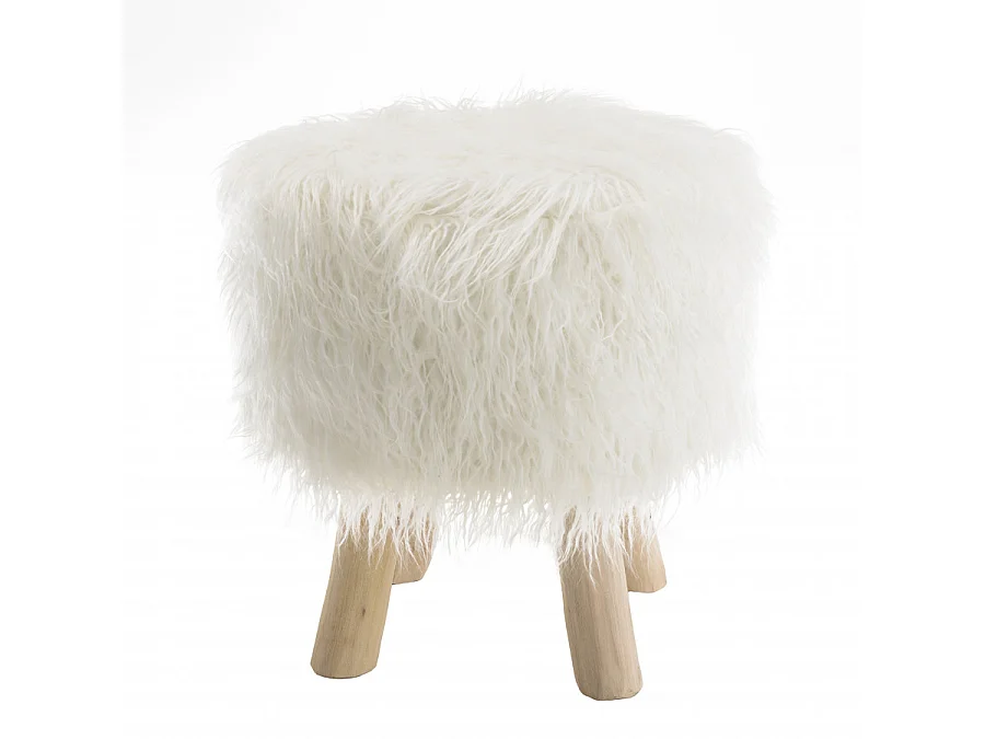 SACHA - Tabouret rond 40x40cm peau de mouton couleur blanc pieds bois