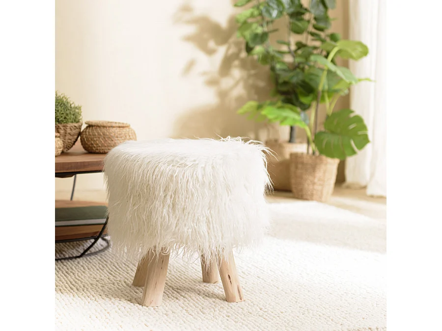 SACHA - Tabouret rond 40x40cm peau de mouton couleur blanc pieds bois