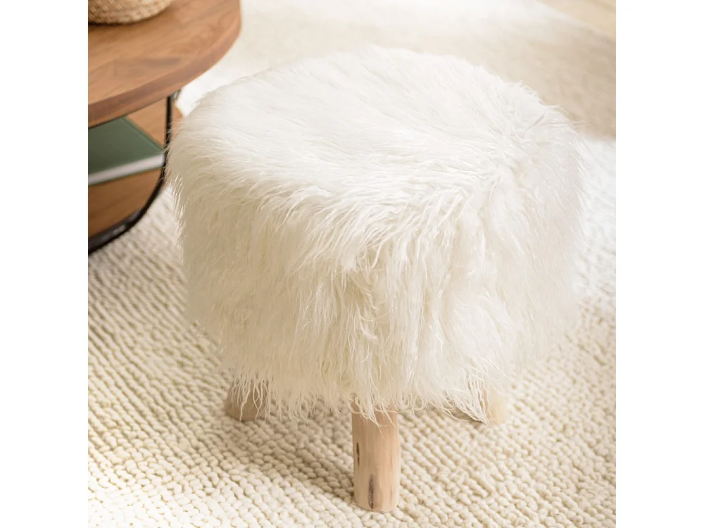 SACHA - Tabouret rond 40x40cm peau de mouton couleur blanc pieds bois