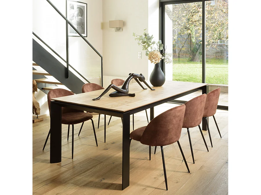 TOM - Lot de 2 chaises tissu velours marron dossier arrondi pieds noir