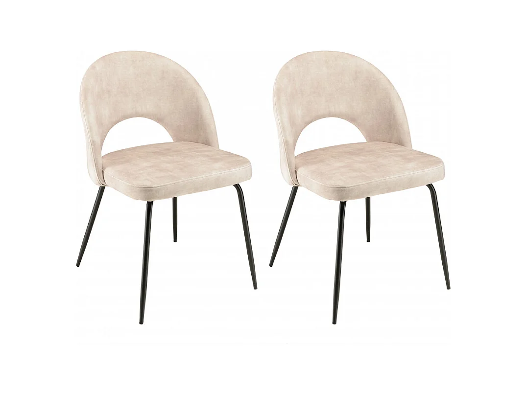 TOM - Lot de 2 chaises velours beige dossier ouvert pieds acier noir