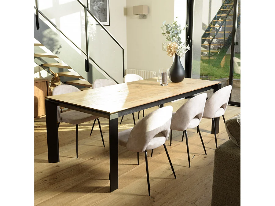 TOM - Lot de 2 chaises dossier ouvert tissu velours beige pied noir