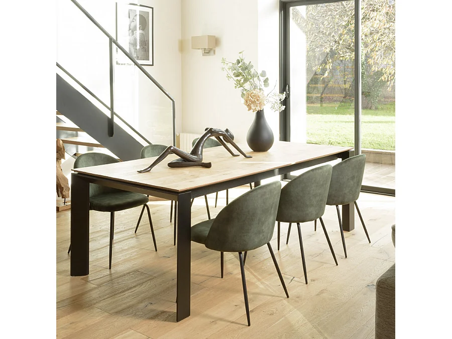 TOM - Lot de 2 chaises dossier arrondi tissu velours vert pieds noir