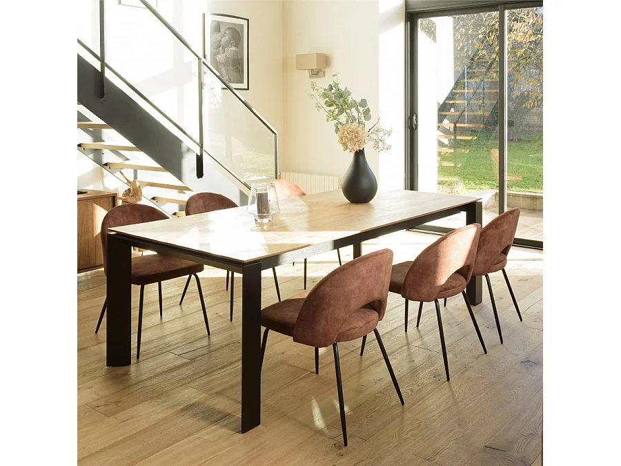 TOM - Lot de 2 chaises dossier ouvert tissu velours marron pieds noir