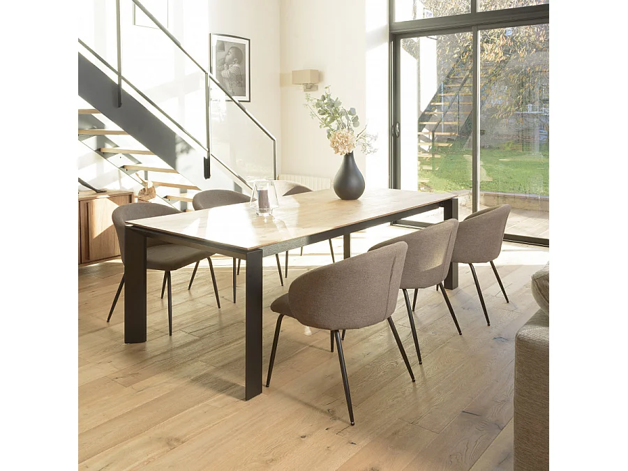 TOM - Lot de 2 chaises tissu marron dossier arrondi pieds acier noir