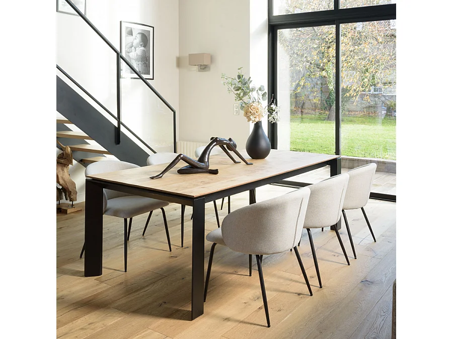 TOM - Lot de 2 chaises tissu écru dossier arrondi pieds acier noir