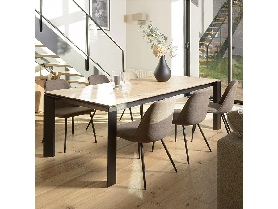 TOM - Lot de 2 chaises tissu marron dossier droit pieds acier noir